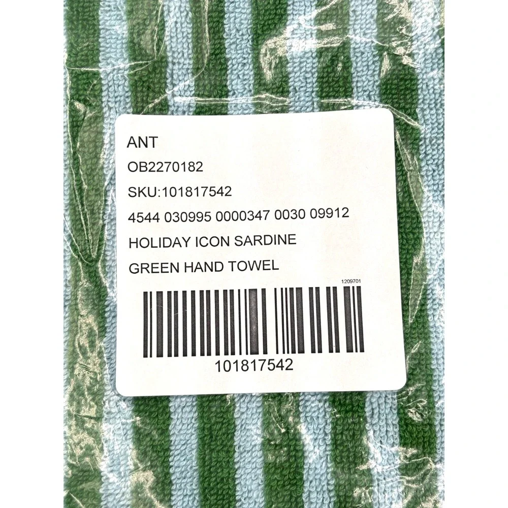 Anthropologie 'Tis The Season Green‎ Hand Towel Holiday Icon Striped 100% Cotton